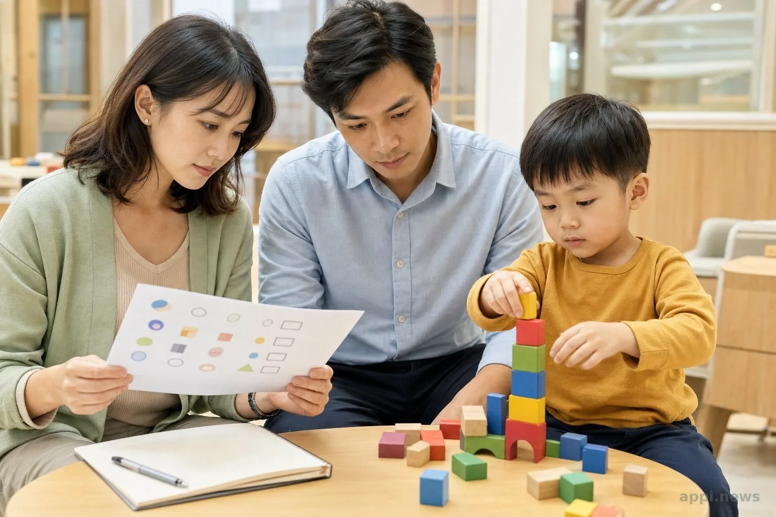 一對台灣父母在社區健康場域查看篩檢資料，身旁幼兒正在堆疊積木。