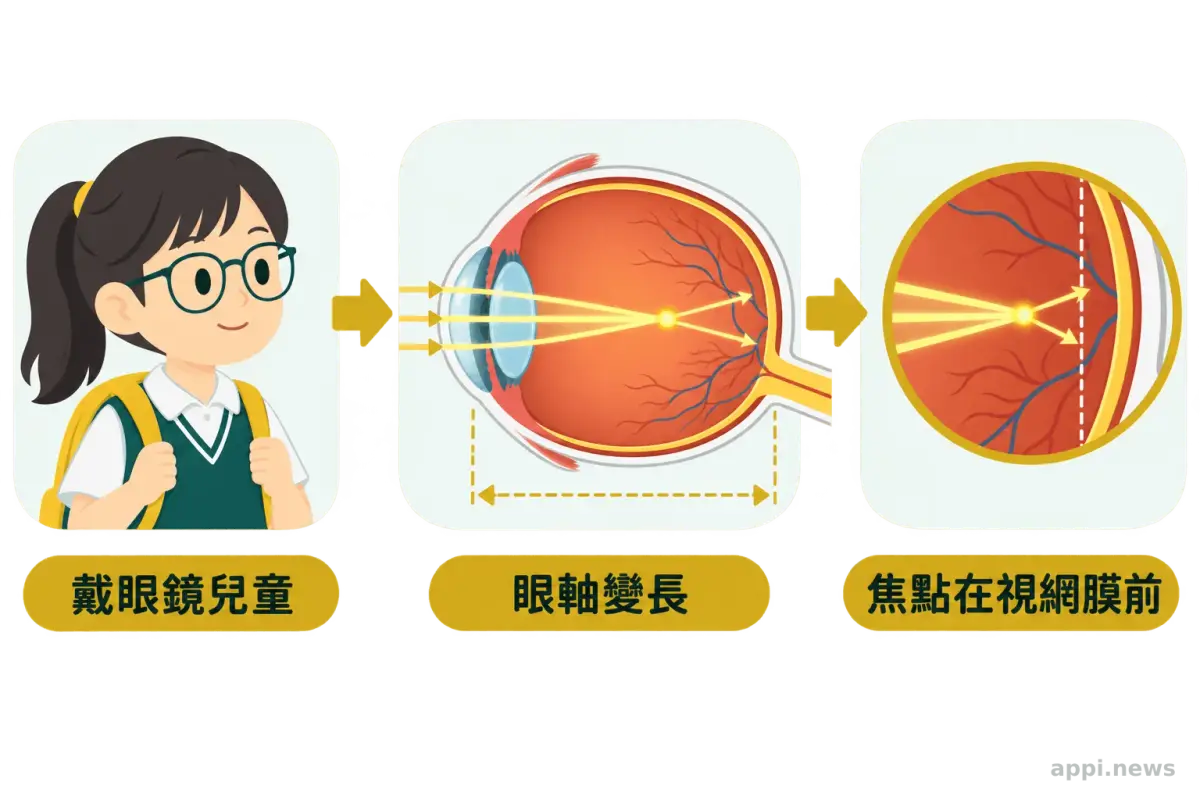 兒童戴眼鏡與近視眼球光線聚焦位置示意圖