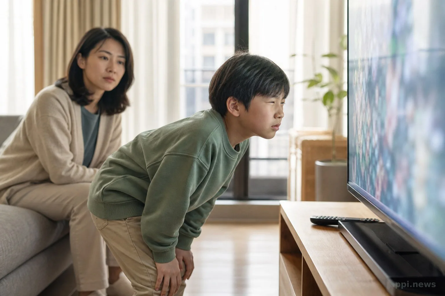 孩子看電視時瞇眼歪頭，家長在旁觀察用眼行為