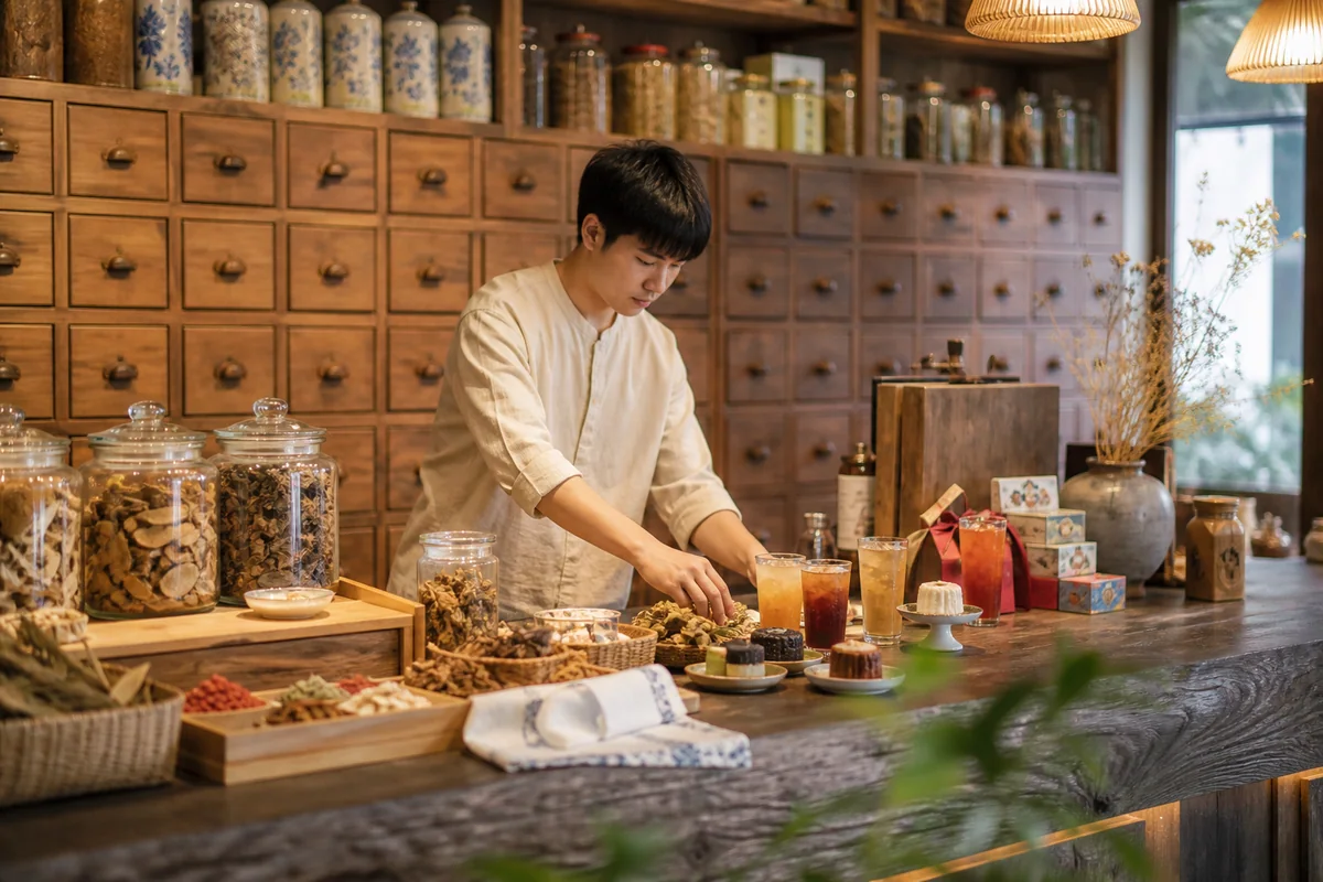 年輕店主在傳統中藥櫃前陳列草本冷飲、甜點與文創商品