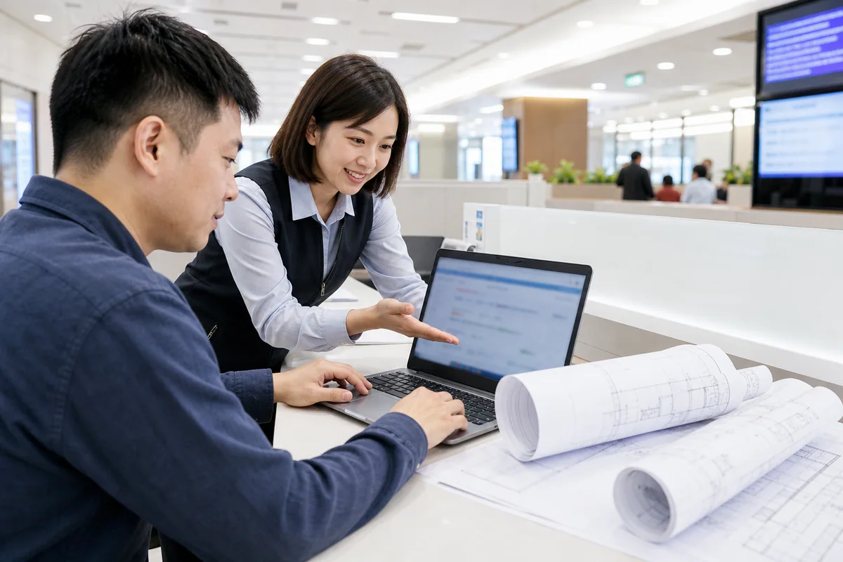 民眾帶著建築圖在便民櫃檯使用筆電線上申辦竣工圖