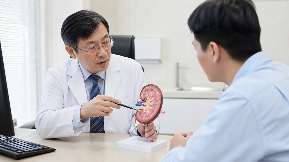 醫師以腎臟模型向民眾說明慢性腎臟病示意
