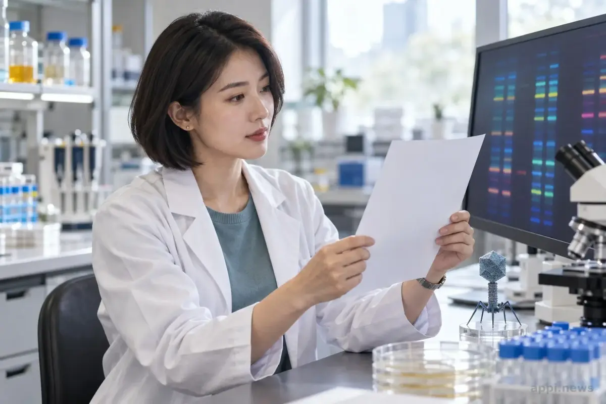 一位亞洲研究者在實驗室比對 DNA 序列資料，桌上放著噬菌體研究模型。