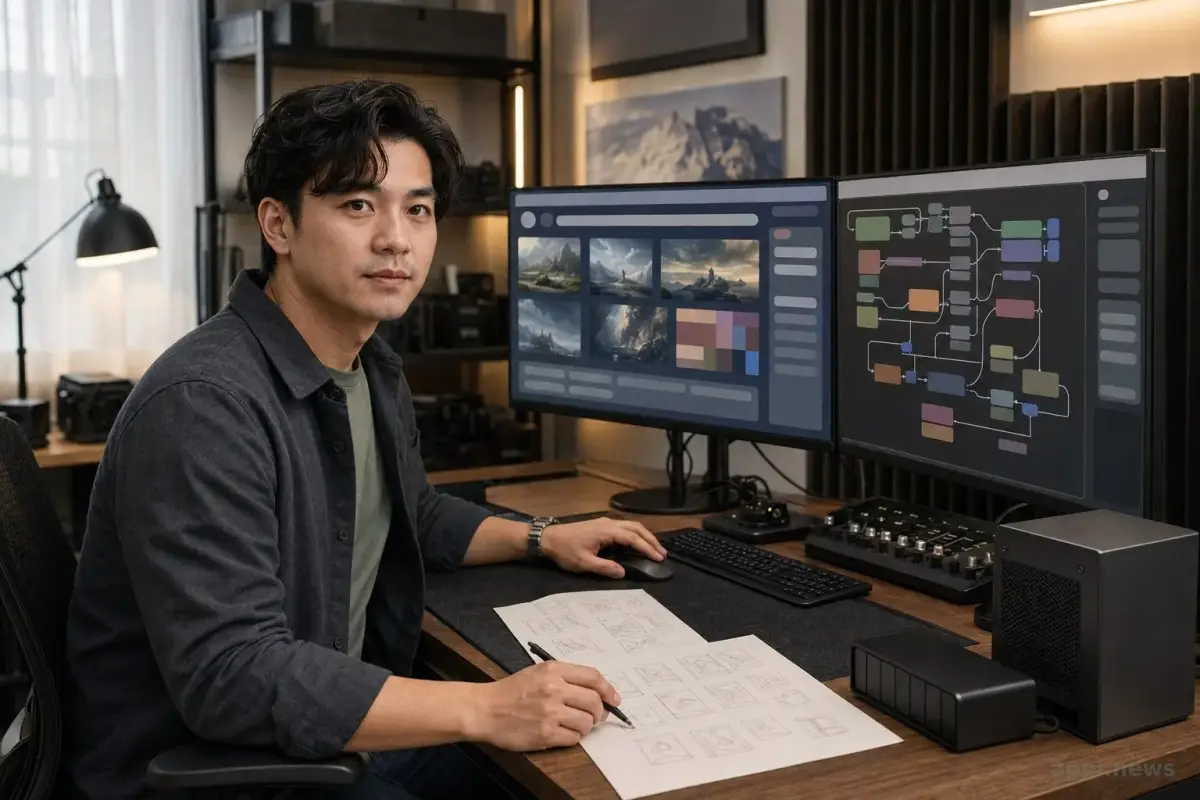 一位台灣影音創作者坐在雙螢幕工作站前，比較雲端介面與本機節點工作流。