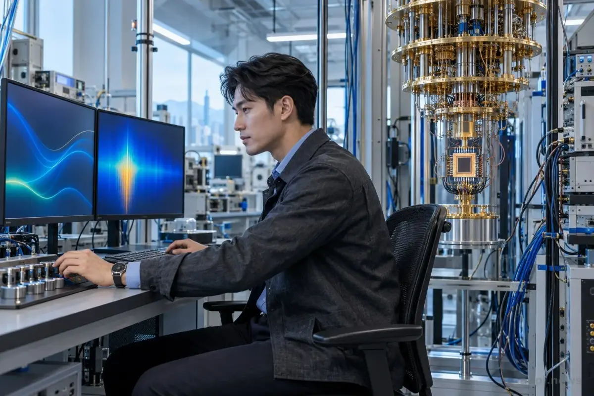 亞洲研究人員在量子實驗室監看量測與校準資料，旁邊連接控制電子設備的超導量子晶片正在運作