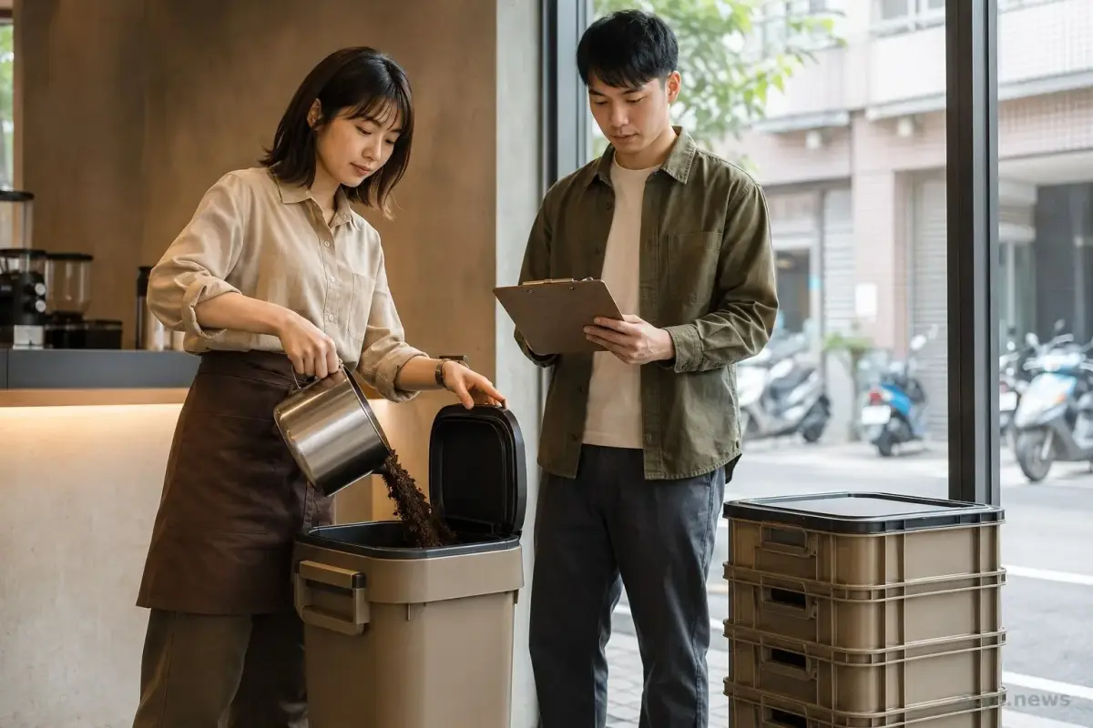 台灣咖啡門市內，亞洲店員將使用過的咖啡渣倒入密封回收桶，物流人員在旁核對交接資料。