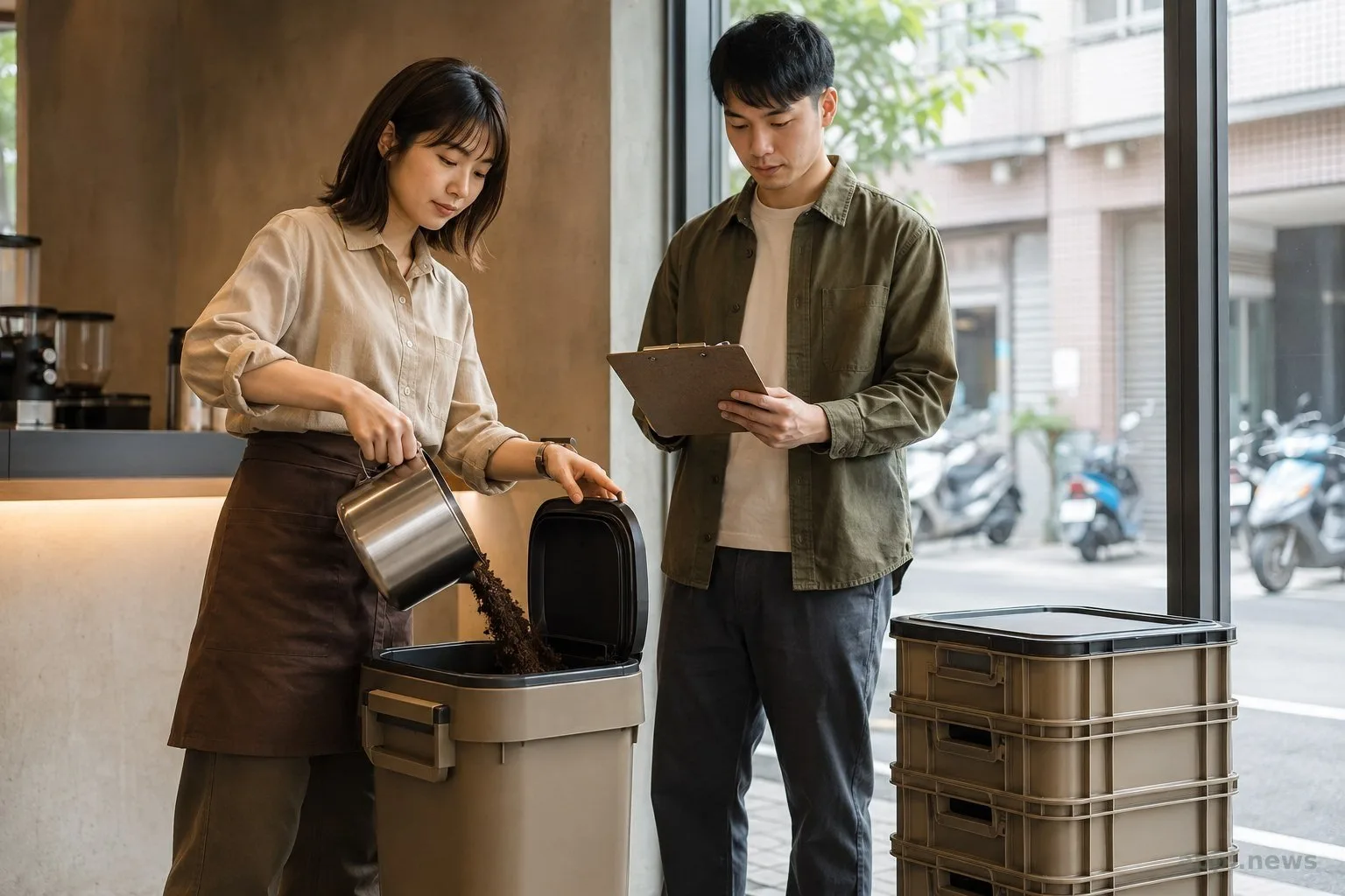 台灣咖啡門市內，亞洲店員將使用過的咖啡渣倒入密封回收桶，物流人員在旁核對交接資料。