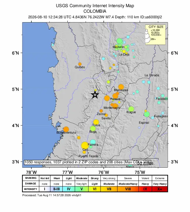 Peta intensitas guncangan gempa M 7,4 di Kolombia yang menunjukkan dampaknya hingga negara tetangga