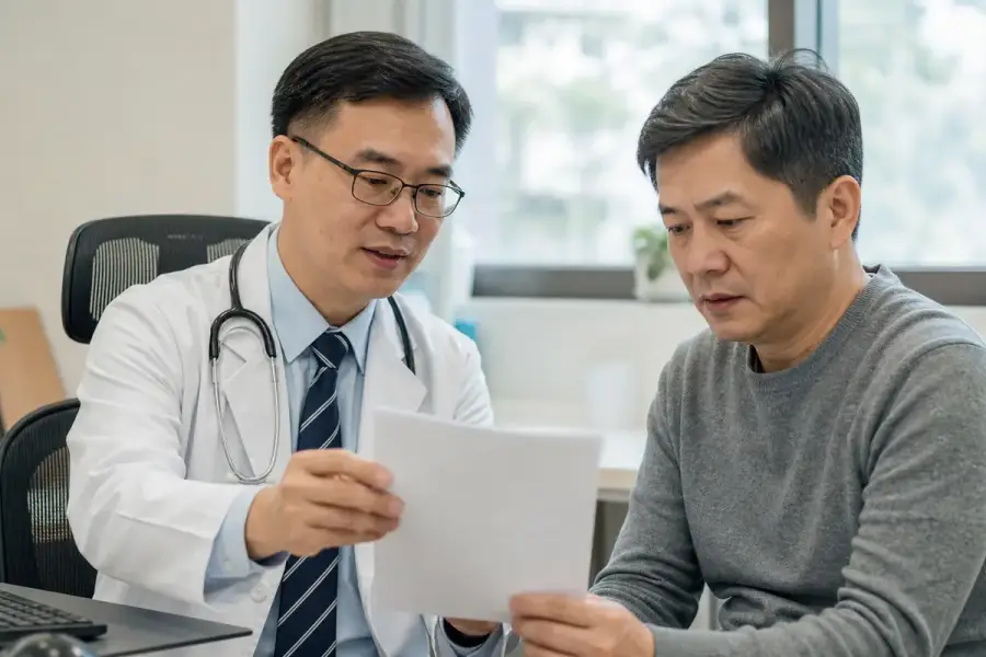 醫師向中年民眾說明大腸癌篩檢報告示意