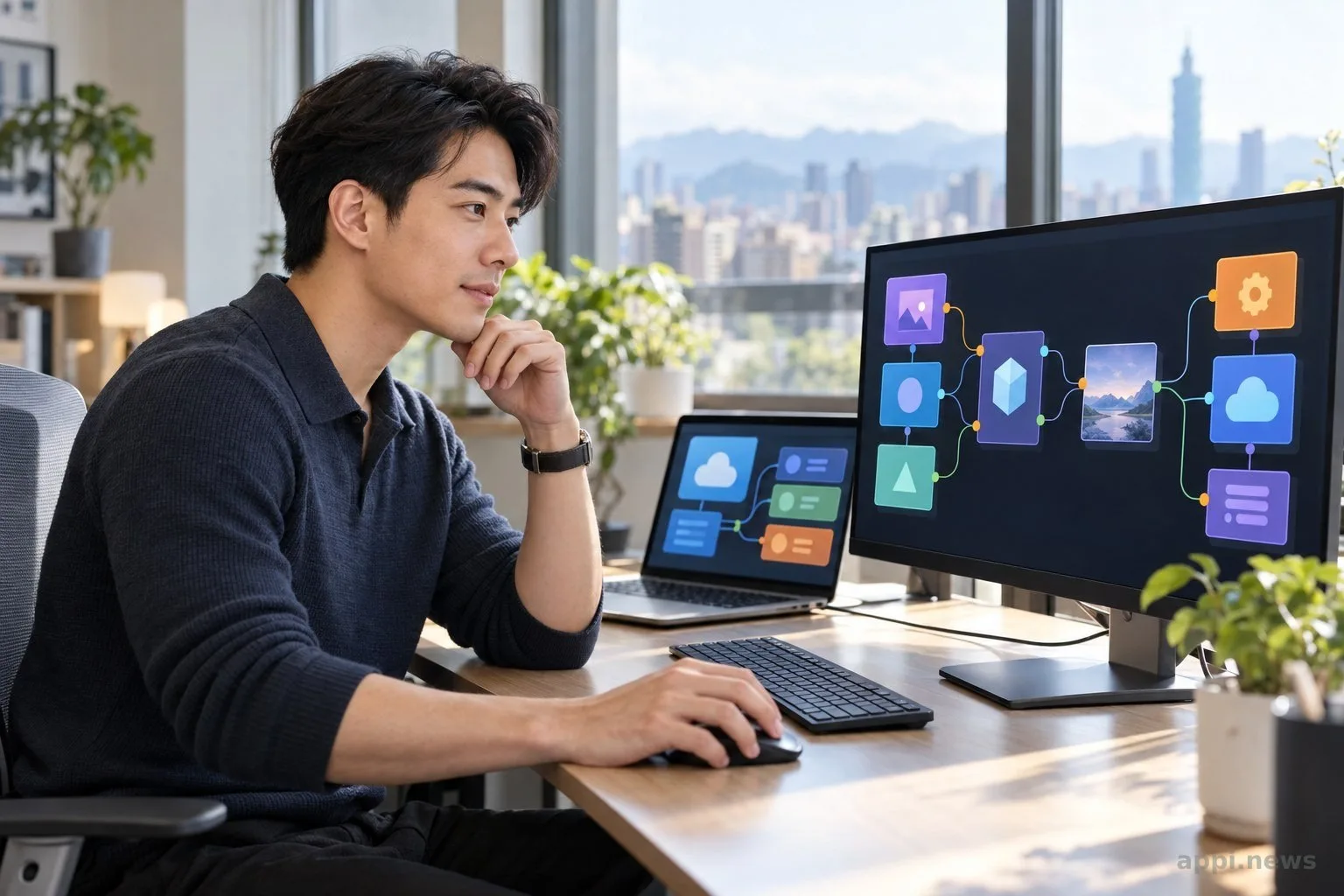 一位亞洲工程師在工作室檢視電腦上的影像工作流與雲端服務介面。