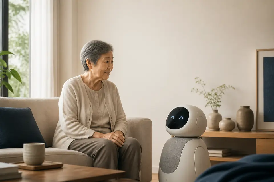高齡長者在溫暖明亮的居家客廳，旁邊有一台居家陪伴機器人