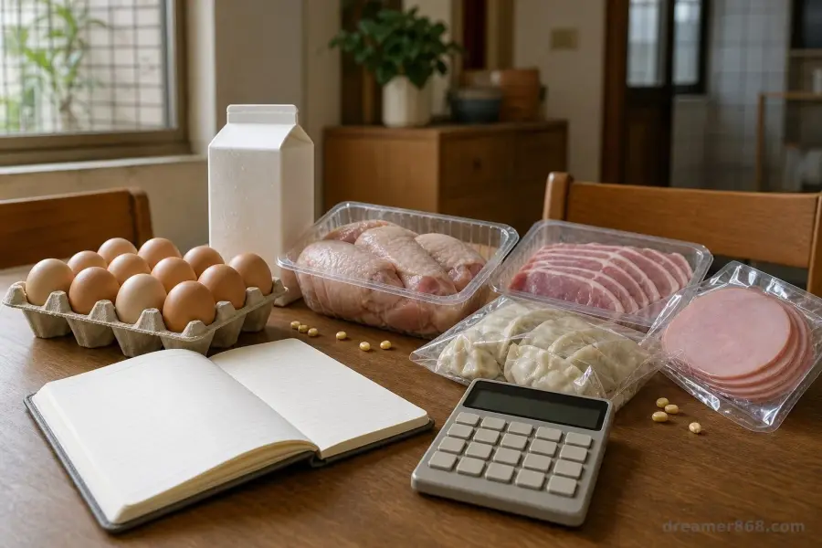 臺灣家庭餐桌上擺著肉、蛋、乳品與加工食品，旁邊放有玉米粒、計算機和家庭預算本。