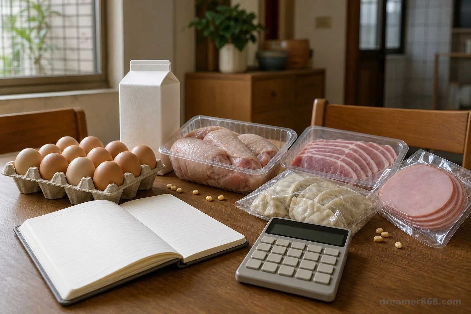 臺灣家庭餐桌上擺著肉、蛋、乳品與加工食品，旁邊放有玉米粒、計算機和家庭預算本。
