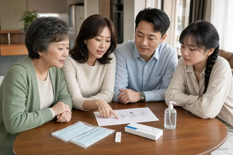 台灣家庭查看新冠防疫資訊，桌上放有口罩與快篩