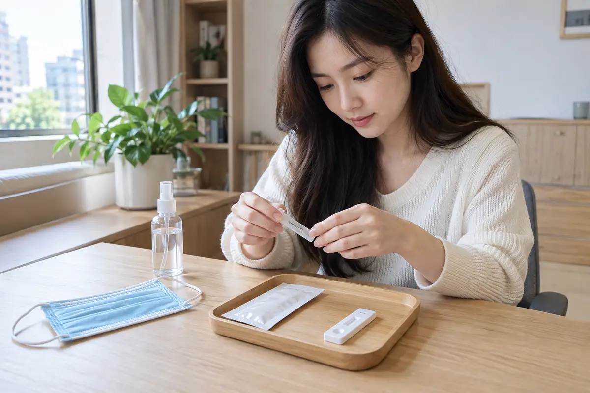 自宅で新型コロナの情報を確認し、机にマスクと検査キットを置く家族（イメージ）