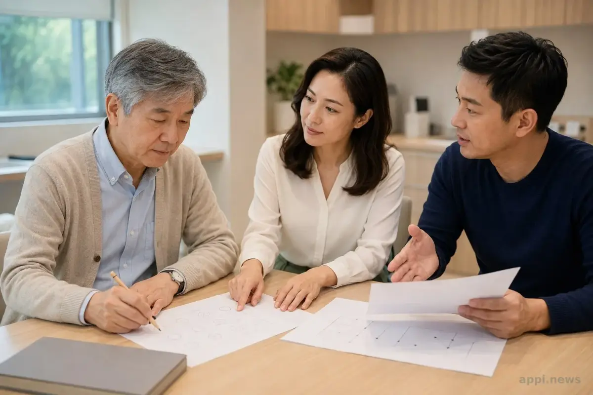 台灣長者在記憶門診接受認知測驗，醫師聆聽一旁家屬補充病史與生活變化。