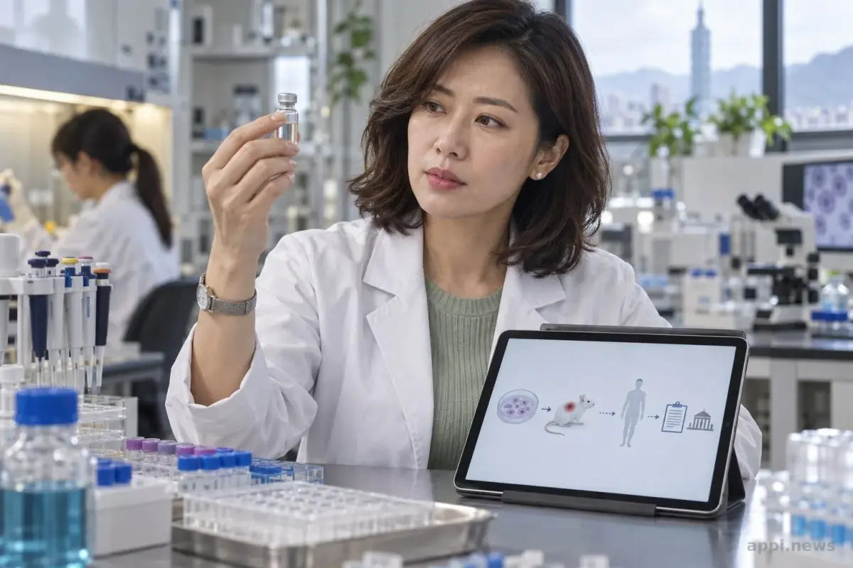 亞洲女性研究人員在實驗室檢視局部凝膠樣本與小鼠傷口研究時間線