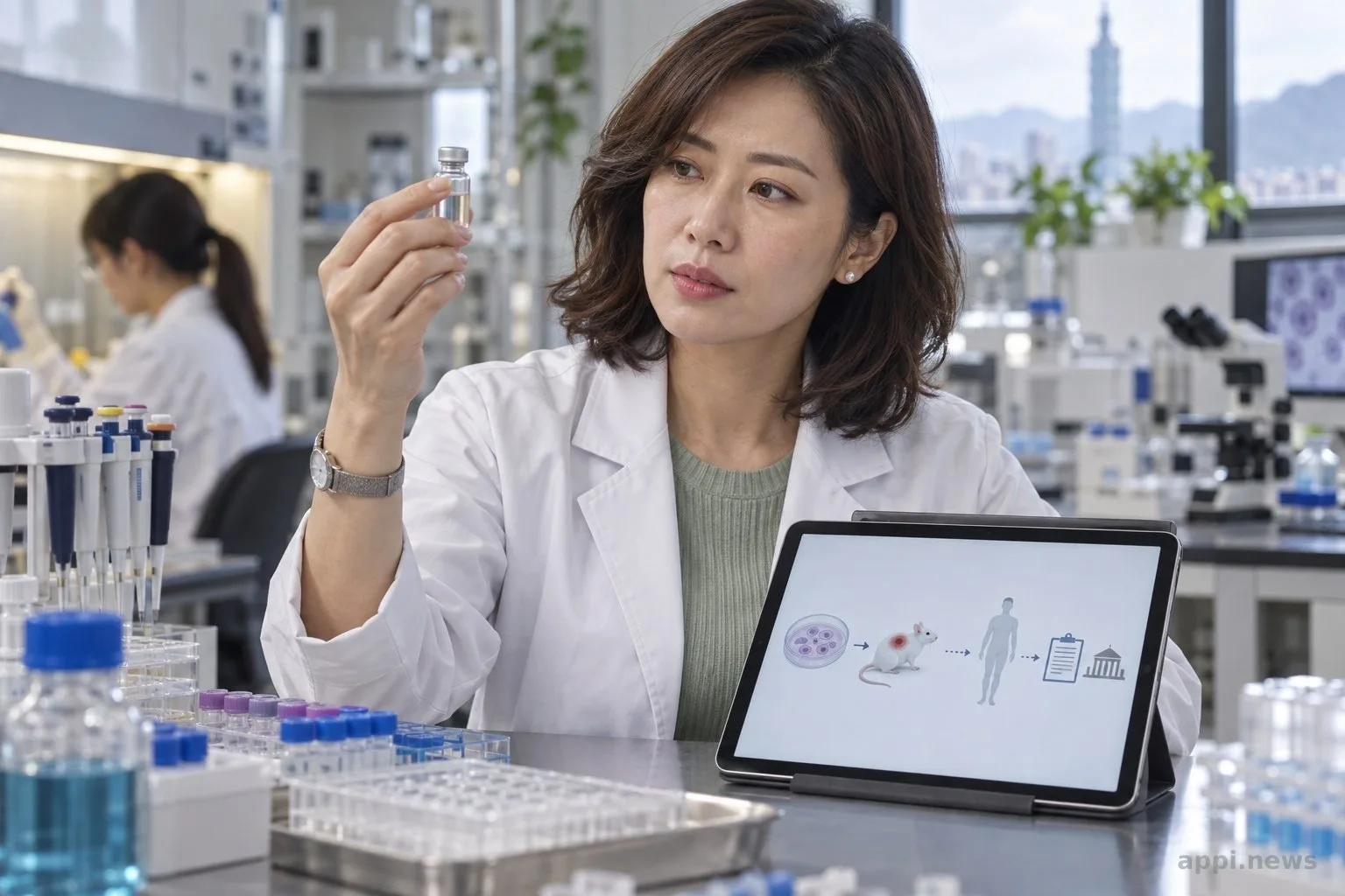 亞洲女性研究人員在實驗室檢視局部凝膠樣本與小鼠傷口研究時間線