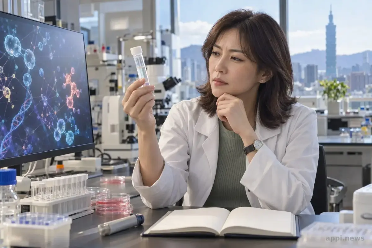 台灣實驗室中，一位研究人員查看呈現藥物分子與老化相關基因網絡的電腦螢幕。