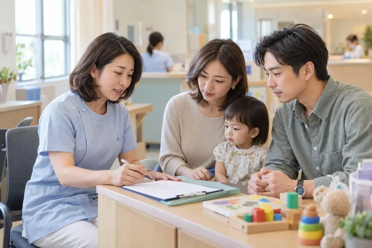 台灣社區衛生所內，護理人員向一對家長說明幼兒發展篩檢資料
