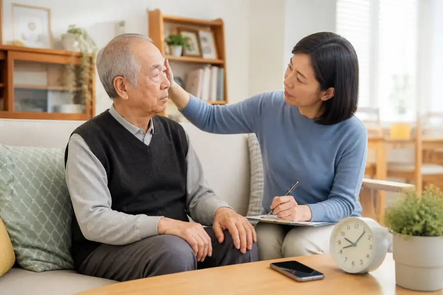 家人在明亮居家環境中陪伴長者並記錄撞頭後的意識狀況