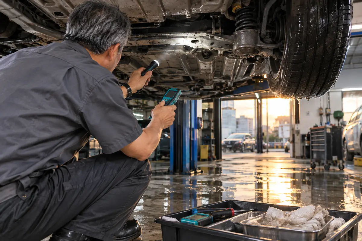 汽車維修廠地面積水與檢修中的車輛底盤（示意圖）