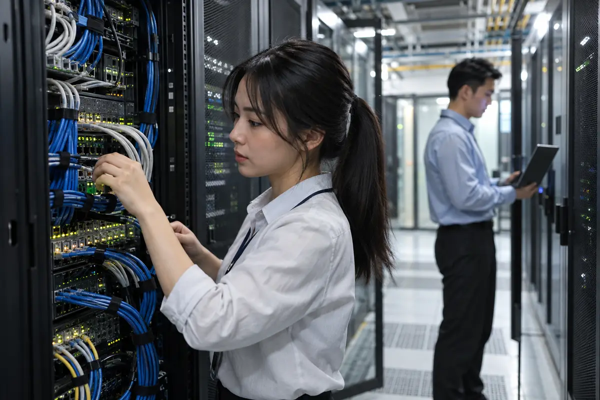 伺服器機房的網路線與指示燈特寫（示意圖）