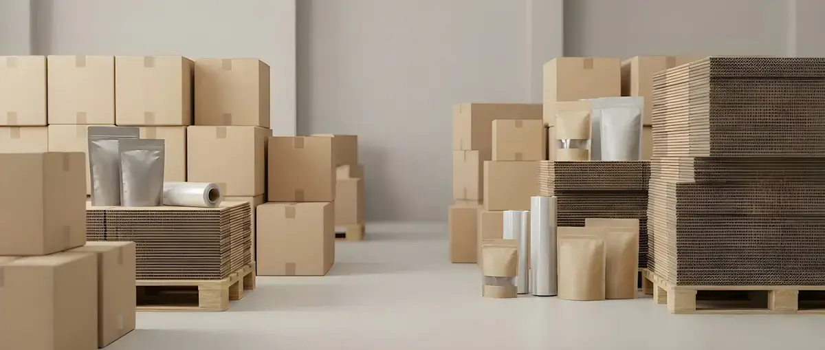 紙箱堆疊在物流倉儲場景，示意圖