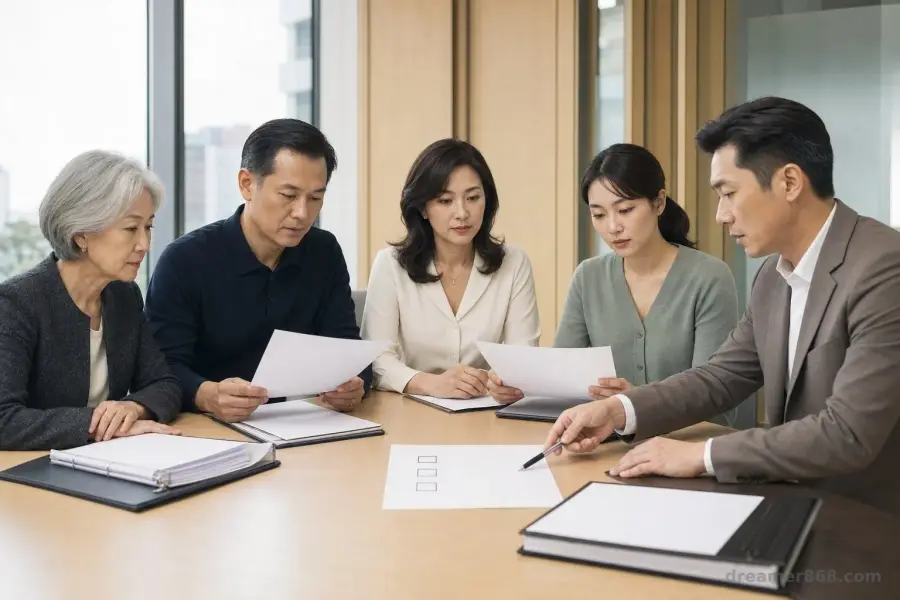多代亞洲家族成員與顧問在會議桌前檢視信託文件、資產清冊及未完成的檢核表。
