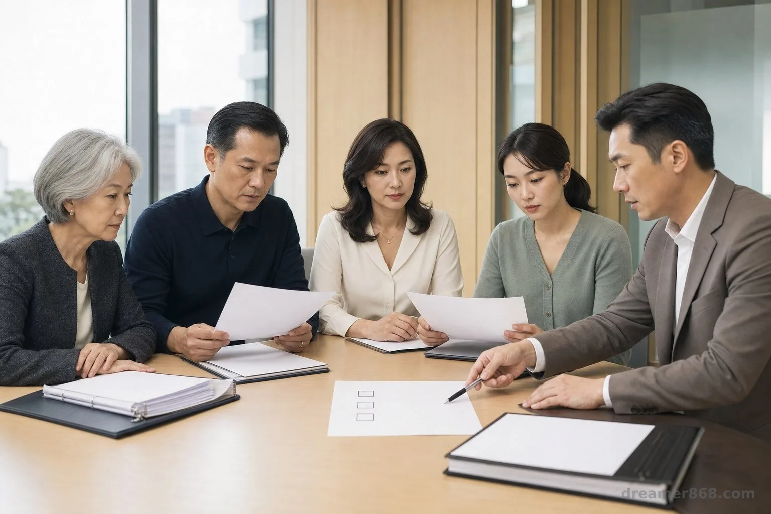 多代亞洲家族成員與顧問在會議桌前檢視信託文件、資產清冊及未完成的檢核表。