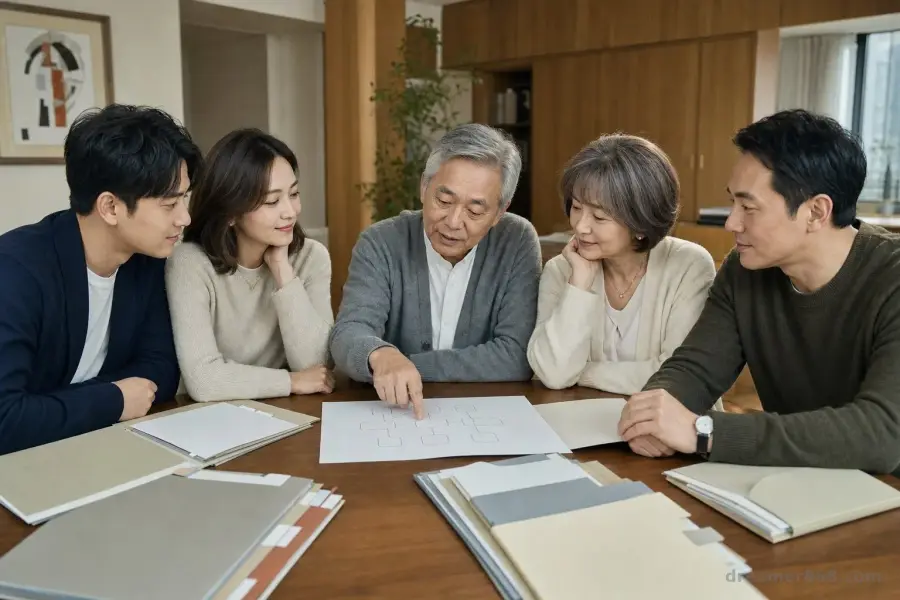 台灣三代家庭坐在餐桌旁，共同檢視資產文件與家族資產配置圖。
