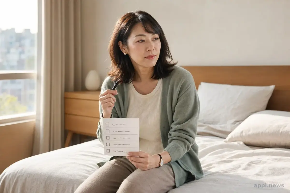 一位亞洲成人早晨坐在床邊，用筆記錄睡眠品質、心情、肌肉緊繃、呼吸與白天精神狀態