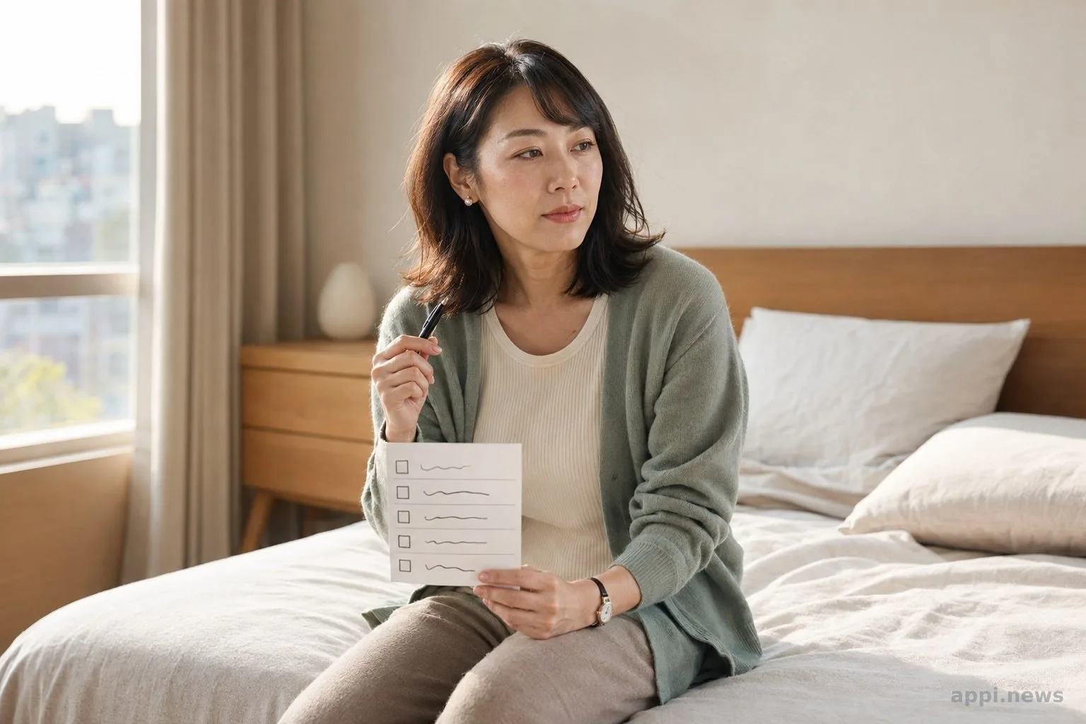一位亞洲成人早晨坐在床邊，用筆記錄睡眠品質、心情、肌肉緊繃、呼吸與白天精神狀態