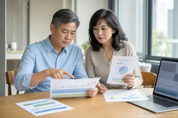 台灣準退休夫妻在家中餐桌比較美元債券對帳單、外幣保單與退休現金流日曆。