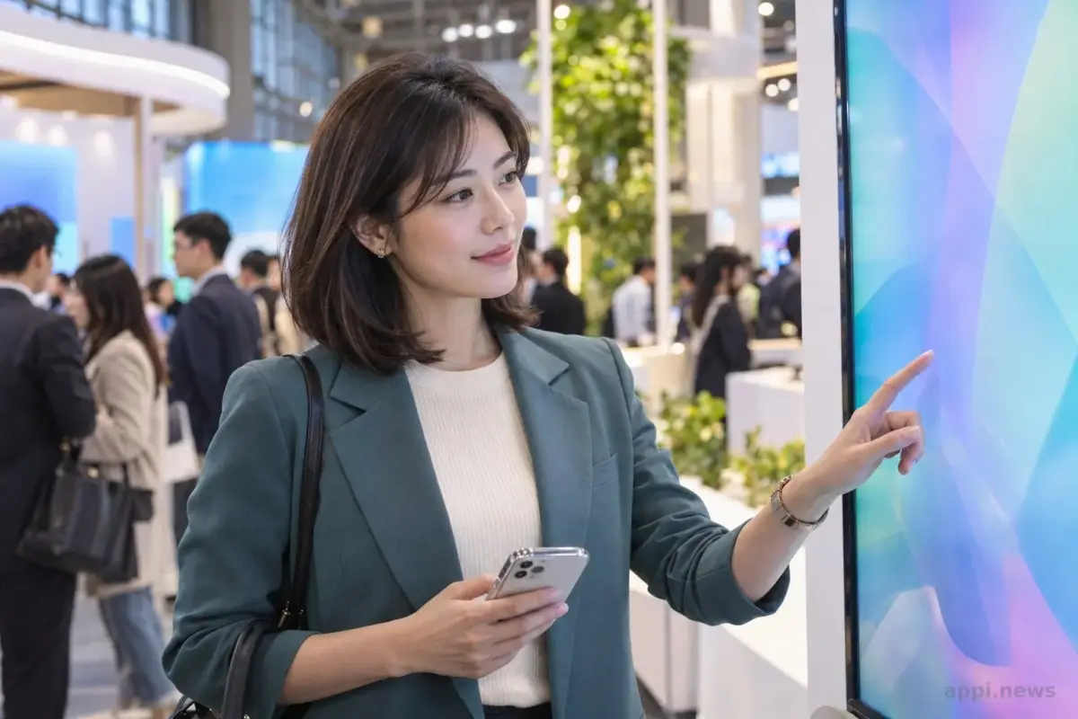 一位民眾在台北金融科技展的互動展示前體驗數位金融服務。