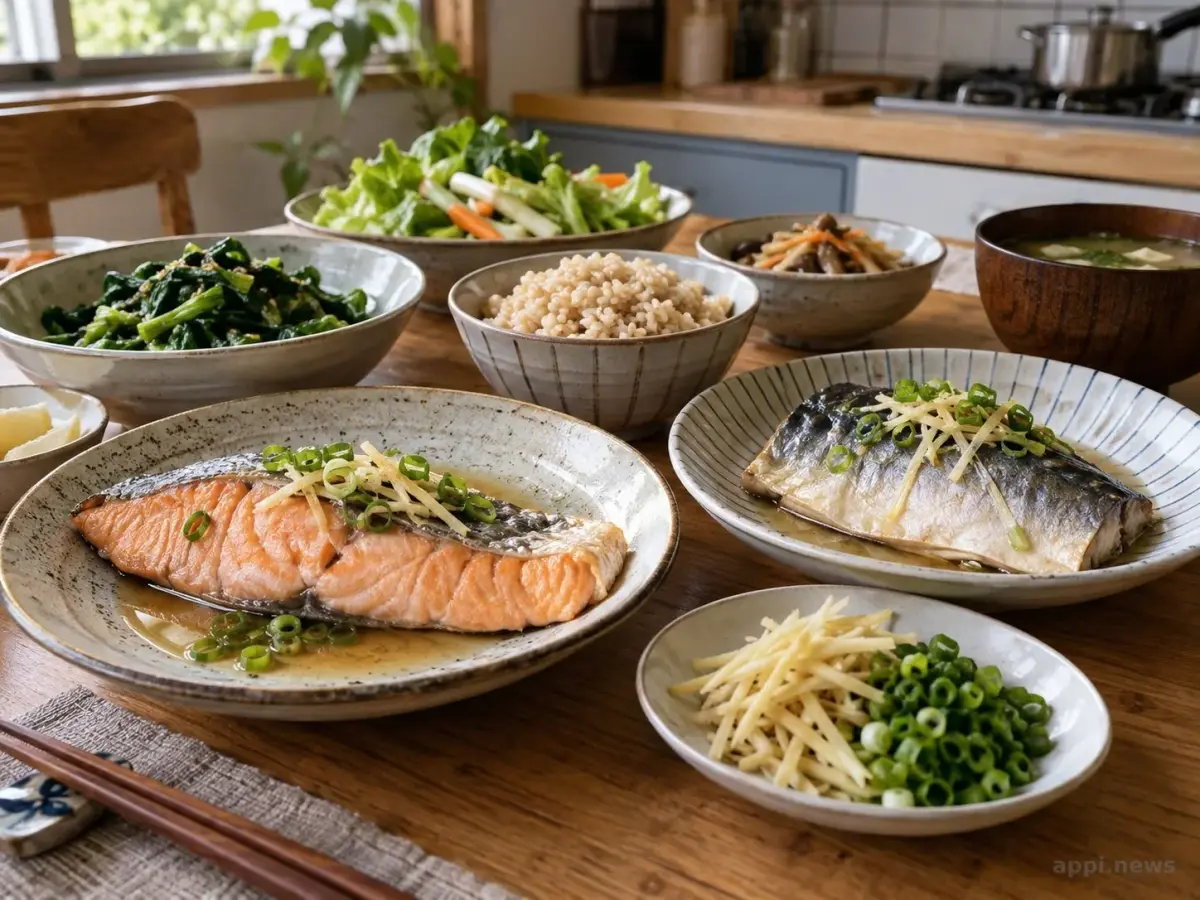 台灣家庭餐桌上擺放清蒸鮭魚、鯖魚、葉菜、糙米與薑蔥，呈現日常均衡飲食。