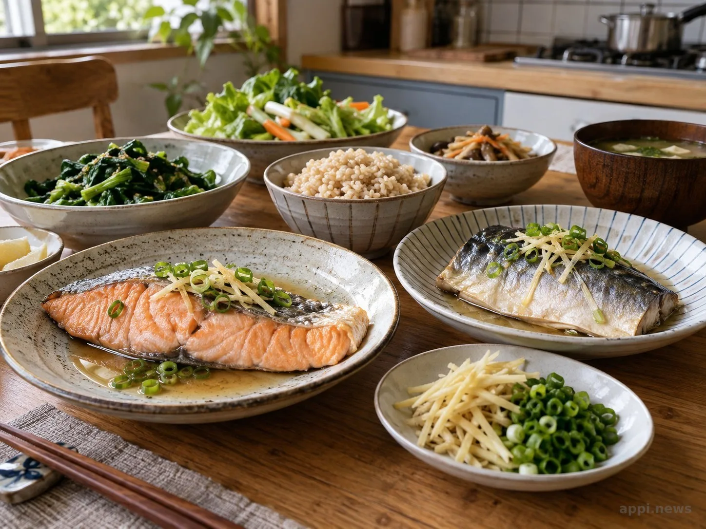 台灣家庭餐桌上擺放清蒸鮭魚、鯖魚、葉菜、糙米與薑蔥，呈現日常均衡飲食。