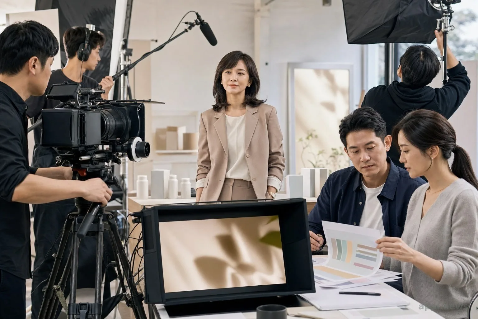 Model iklan Asia berbicara di depan kamera sementara tim produksi dan kepatuhan memeriksa naskah (ilustrasi)