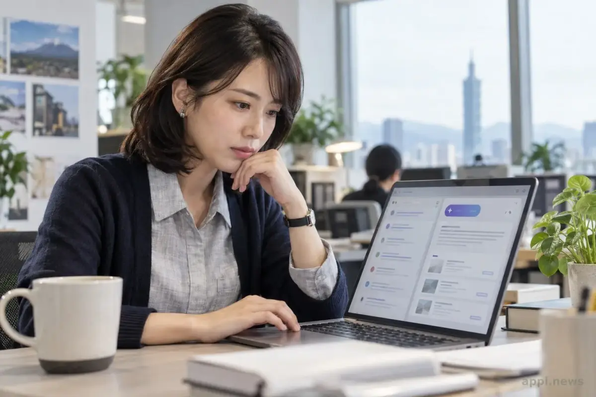 台灣辦公室裡，一位研究者查看顯示Google AI搜尋摘要、Gemini 3.8 Flash標籤與來源連結的筆電畫面