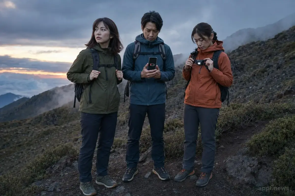 三名亞洲登山者在天色漸暗的陡峭山徑上查看低電量手機，前方山路被雲霧籠罩。