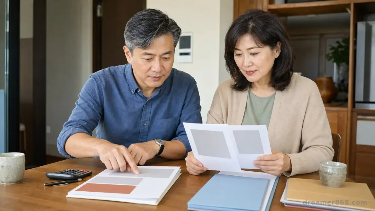 一對臺灣中年夫妻在住家餐桌前查看年金明細、存款資料、保單與退休資產配置表。