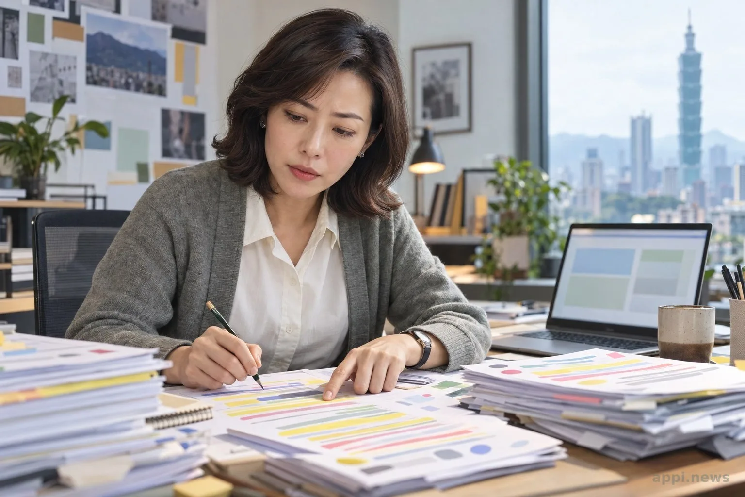 台灣編輯在桌前檢視充滿重複主張與可疑引用的長篇文件，旁邊筆電顯示來源核對頁面。