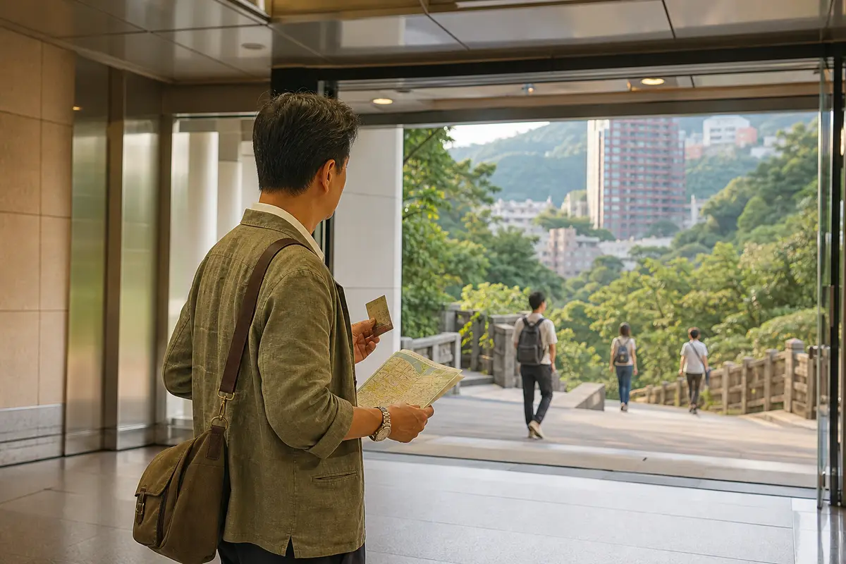 台北丘陵步道與城市景觀的旅遊示意圖