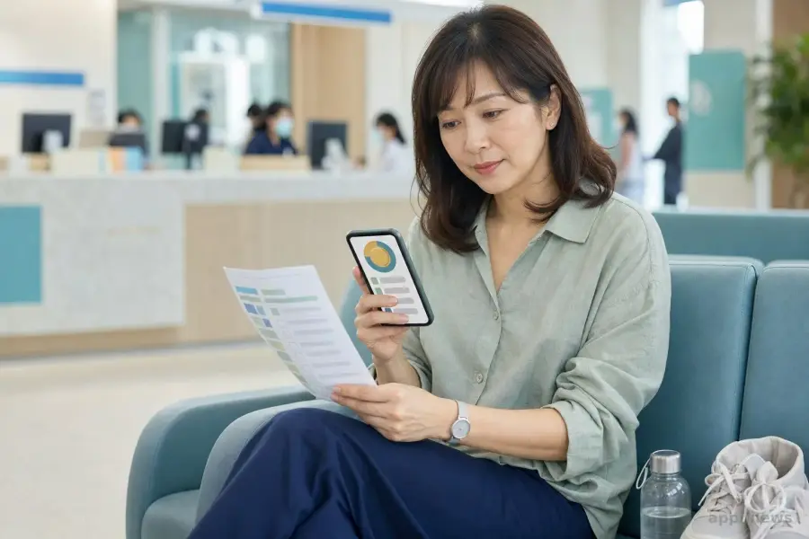 一名台灣民眾坐在診所候診區，以手機查看預防保健紀錄與健康幣餘額，手中拿著健檢資料。