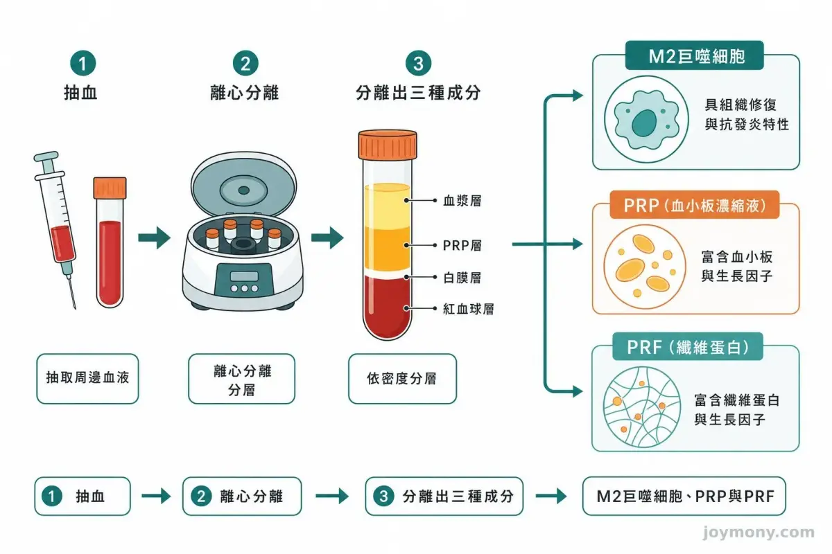 原文說明周邊血液單核細胞處理與髖關節注射的流程圖