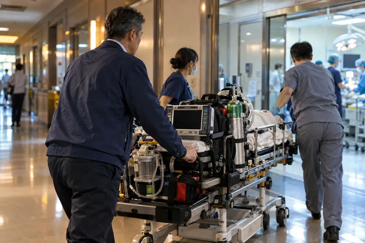 醫院走廊的急救推床與應變設備（示意圖）