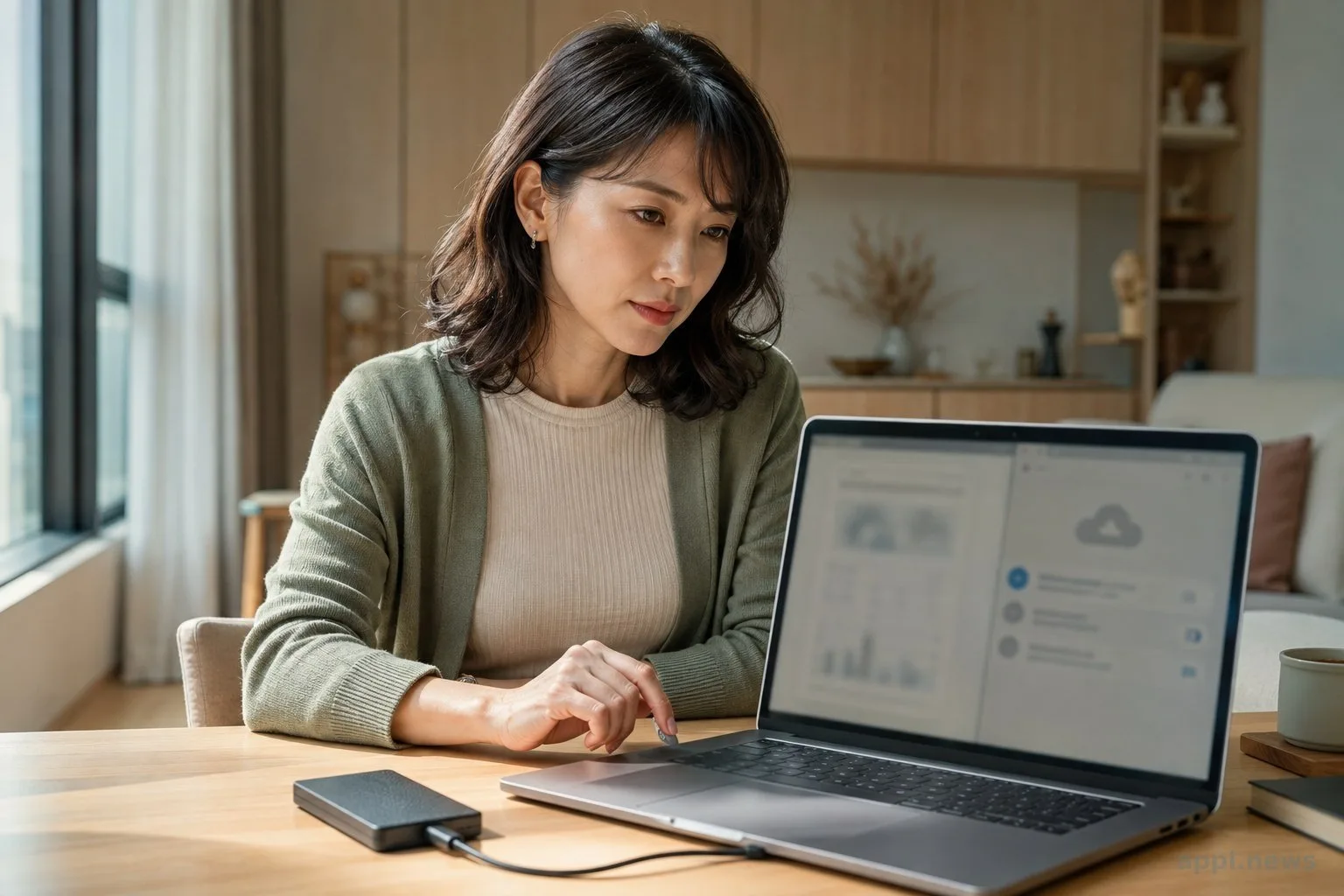 一位亞洲使用者在居家書桌前查看 Mac 上的模糊健康報告，電腦旁放著外接硬碟。