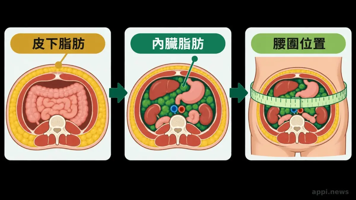 相同 BMI 下，不同脂肪分布與肌肉量可能形成不同代謝風險的示意圖