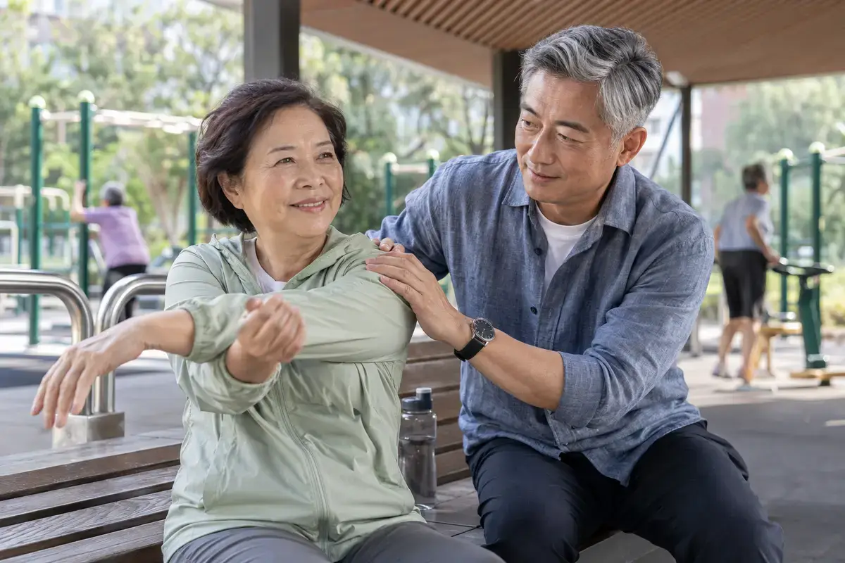 長者在社區公園長椅旁活動，呈現長壽社會中的健康與社會參與