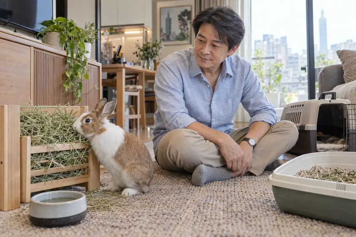 室內兔子在牧草架旁進食，飼主坐在一旁，畫面呈現日常照護與穩定環境